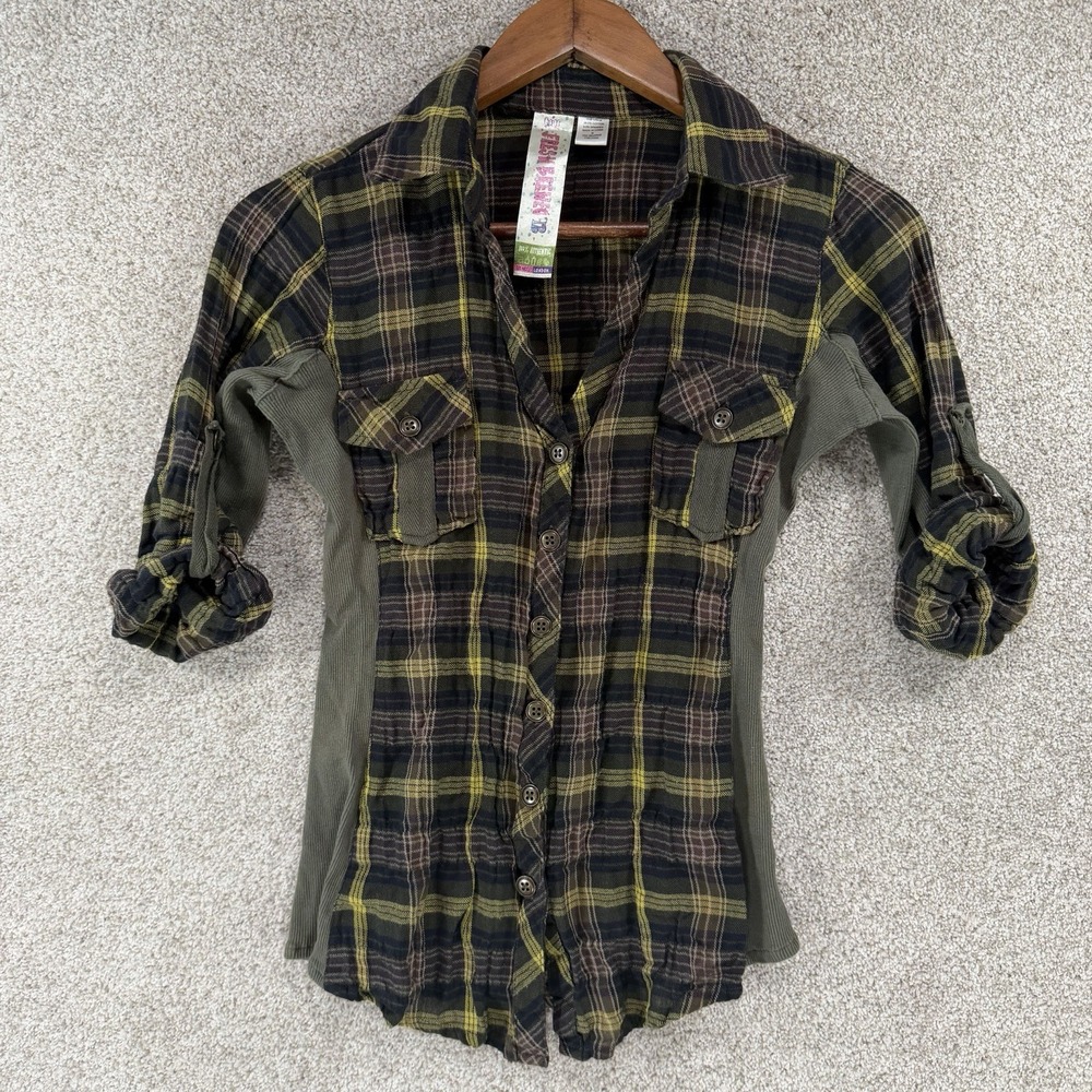 Y2K Fresh Brewed Junior Girl M Stretch Shirt Preppy Plaid Green Roll Cuff